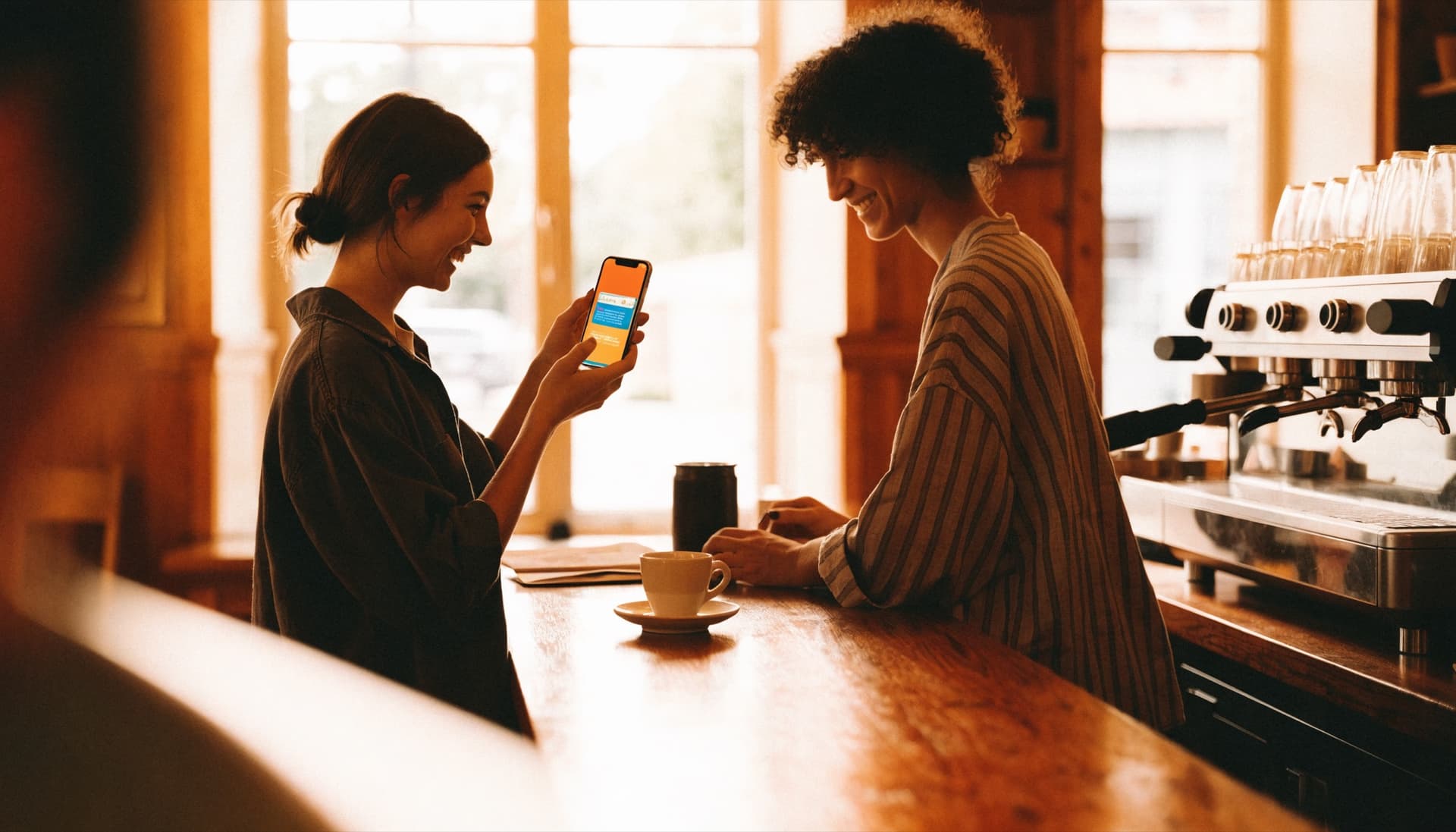 A customer at a warm café counter adding a Wivly loyalty card to their phone wallet